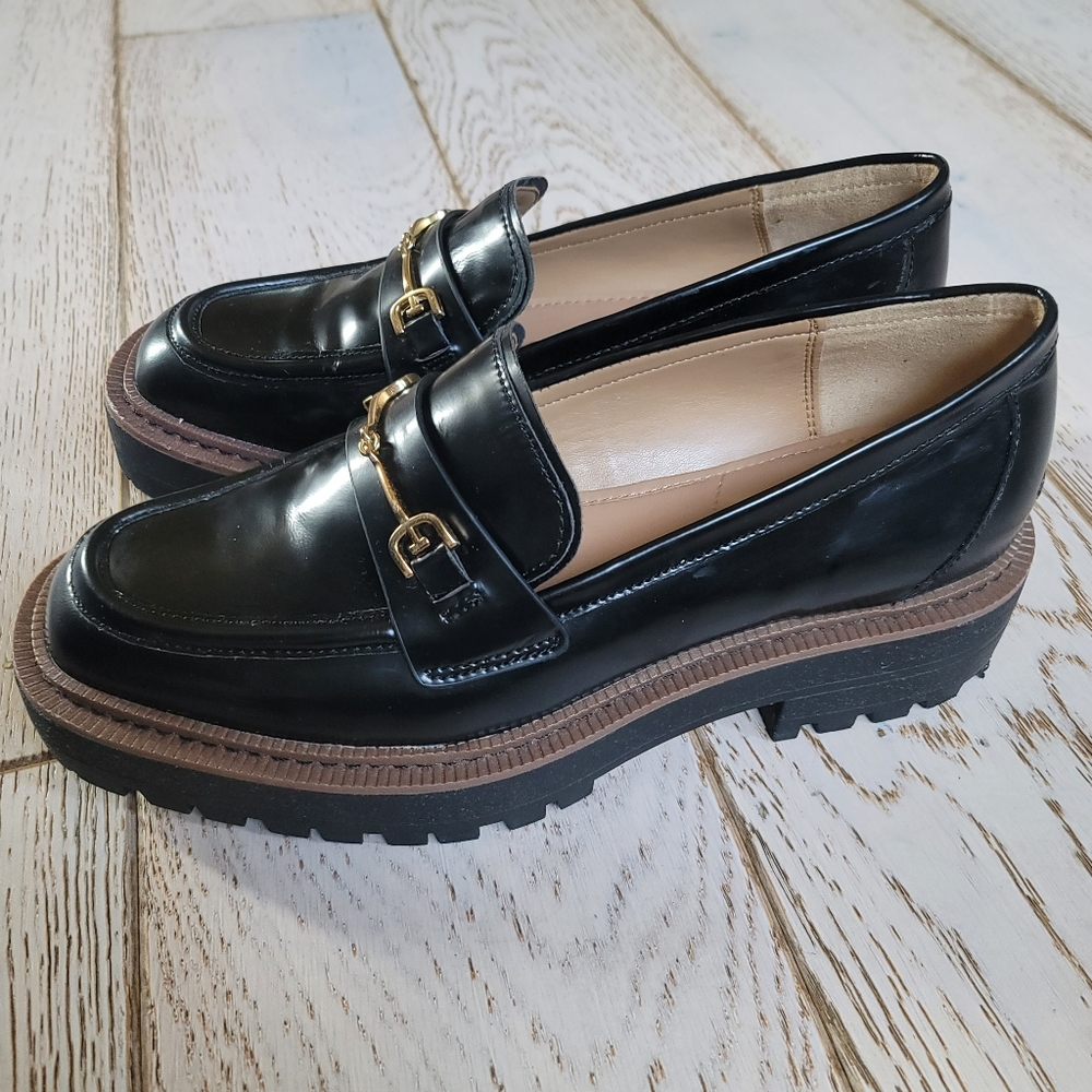 Sam Edelman Laurs Black Patent Platform Lug Sole Loafers 7.5 Gold Buckle - Picture 3 of 14